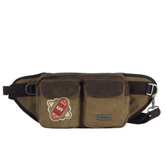 Navy Blue Canvas Leather Fanny Pack Men's Brown Chest Bag Canvas Sling Hip Bag Waist Bag For Men - iwalletsmen