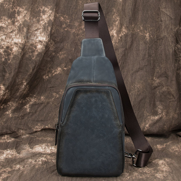 Blue LEATHER MENS Sling Bags Sling Pack One Shoulder Backpack Blue Chest Bag For Men - iwalletsmen