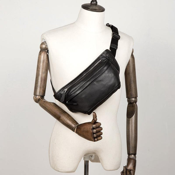 Cool Black Leather Fanny Pack Mens Waist Bag Hip Pack Black Belt Bags Bumbag for Men - iwalletsmen