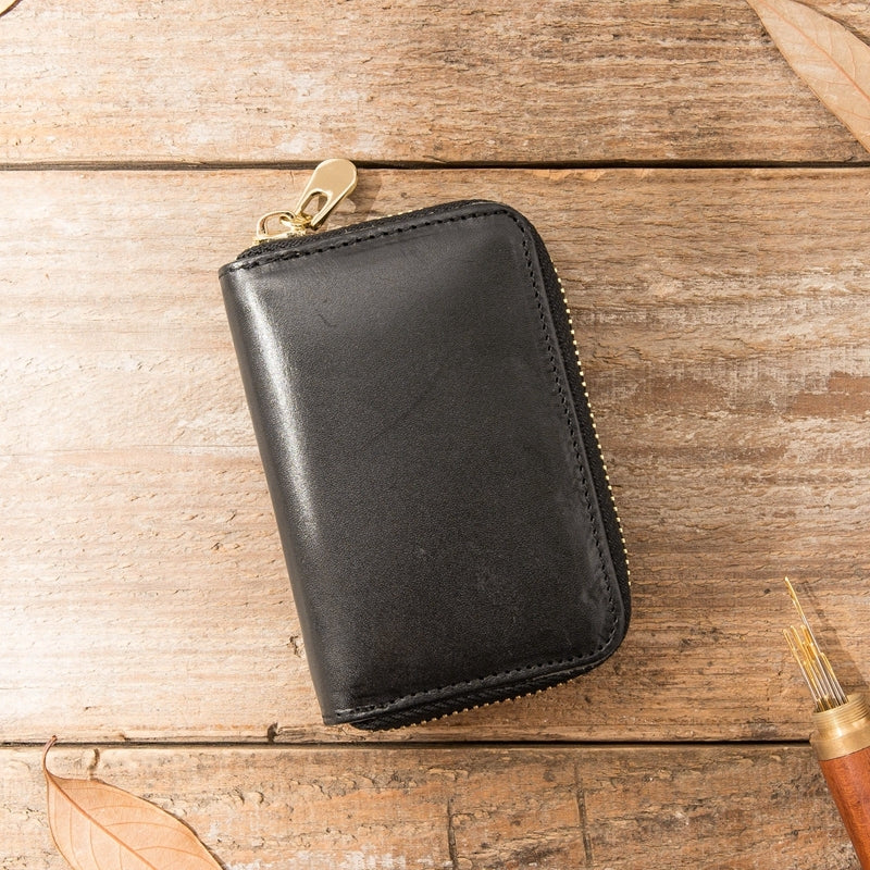 Black Leather Mens Small Card Wallet Red Zipper Card Holder Brown Zipper Coin Wallet For Men - iwalletsmen