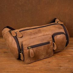 Cool Brown Leather Mens Large Fanny Pack Barrel Waist Bag Chest Bag Hip Pack Bum Pack for men - iwalletsmen
