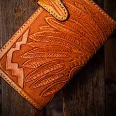 Handmade Leather Skull Indian Chief Tooled Mens billfold Wallet Cool Chain Wallet Biker Wallet for Men