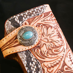 Handmade Mens Cool Tooled Boa Skin Floral Leather Chain Wallet Biker Trucker Wallet with Chain