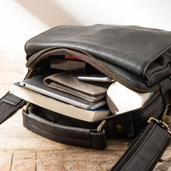 Black Leather Mens Vertical Small Briefcase Work Handbag Side Bag Business Shoulder Bag for Men - iwalletsmen