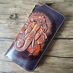 Black Handmade Tooled Tang Lion Leather Long Wallet Zipper Wallet Clutch Wallet For Men - iwalletsmen