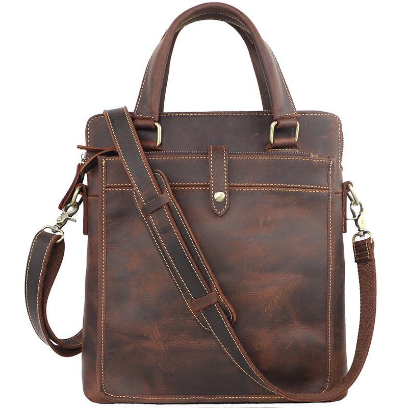 Vintage Black Mens Leather Vertical Briefcases Work Handbag Brown 10'' Computer Briefcases For Men - iwalletsmen