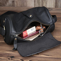 Casual Black Leather Mens Barrel Postman Bag Side Bag Bucket Messenger Bag For Men - iwalletsmen