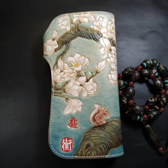 Blue Leather Womens Cherry Blossom Tree Biker Wallet Handmade Tooled Zipper Long Wallets For Men - iwalletsmen