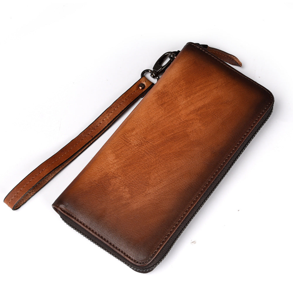 Vintage Brown Leather Men's Clutch Long Wallet Tan Zipper Wristlet Wallet For Men - iwalletsmen