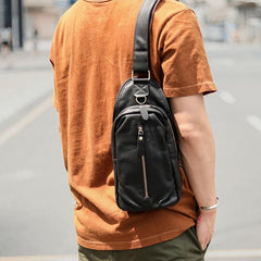 Black Cool Leather Mens Sling Bag Chest Bag Black One Shoulder Backpack For Men - iwalletsmen