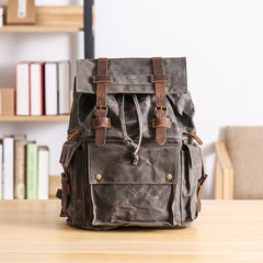 Waxed Canvas Leather Mens Gray Waterproof 15‘’ Large Backpack Travel Backpack College Backpack for Men - iwalletsmen