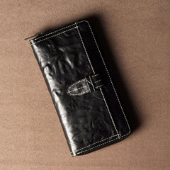 Genuine Leather Mens Cool Long Leather Wallet Cards Phone Zipper Clutch Wristlet Wallet for Men
