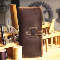 Handmade Dark Brown Leather Mens Bifold Long Wallet Cards Long Wallet For Men - iwalletsmen