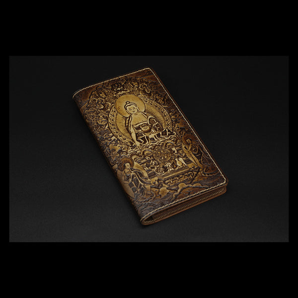 Handmade Leather Tooled Shakya Muni Buddhism Mens Long Wallet Cool Leather Wallet Clutch Wallet for Men