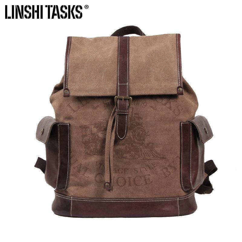 Fashion Canvas Leather Mens Backpack Computer Backpack Khaki Canvas Travel Backpack For Men - iwalletsmen