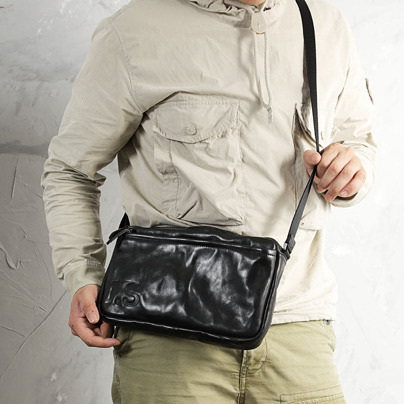 Casual Black Leather Mens Cool Side Bag Messenger Bag Coffee Postman Courier Bag for Men - iwalletsmen