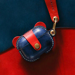 Handmade Blue Leather AirPods 1&2 Case with Wristlet Strap Custom Leather AirPods 1&2 Case Airpod Case Cover - iwalletsmen
