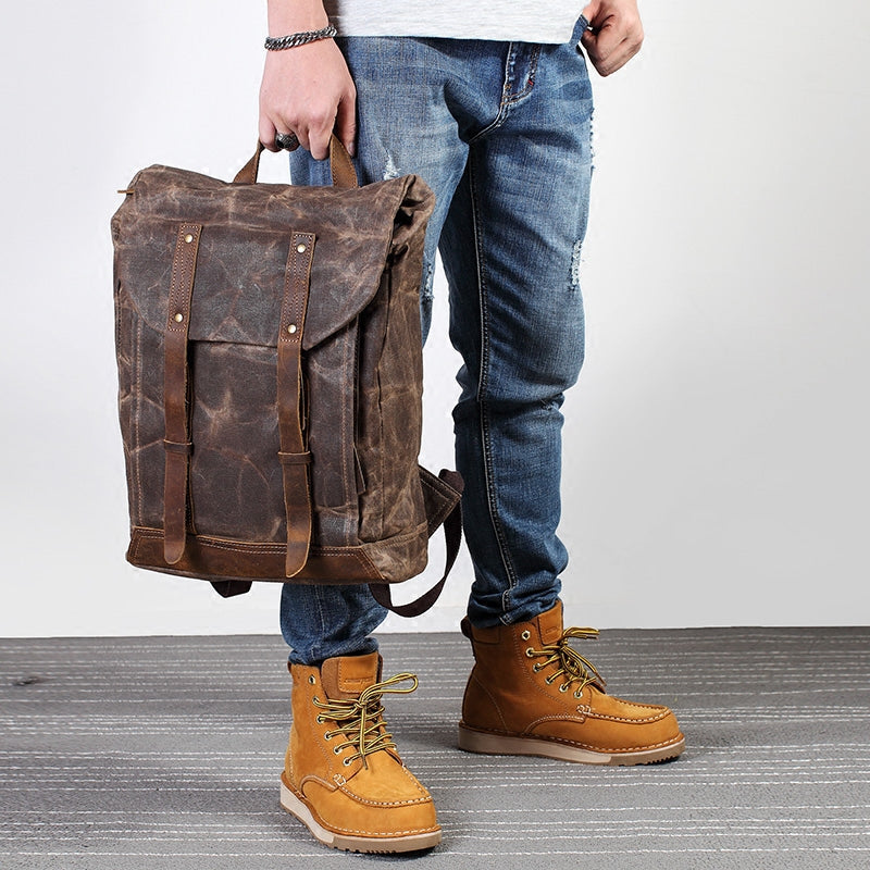 Casual Men's Waxed Canvas Brown School Travel Backpack Laptop Backpack For Men - iwalletsmen