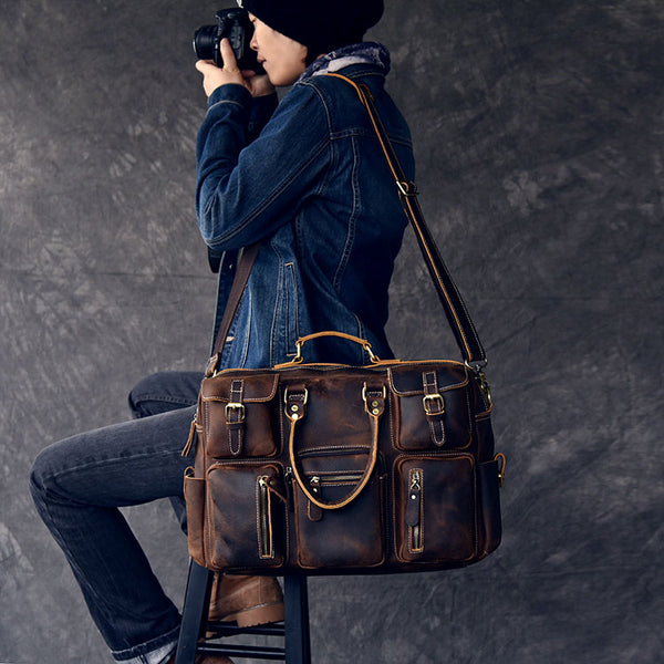 Canvas Leather Mens Womens Dark Coffee Travel Side Bag Messenger Bag Large Shoulder Bag For Men - iwalletsmen