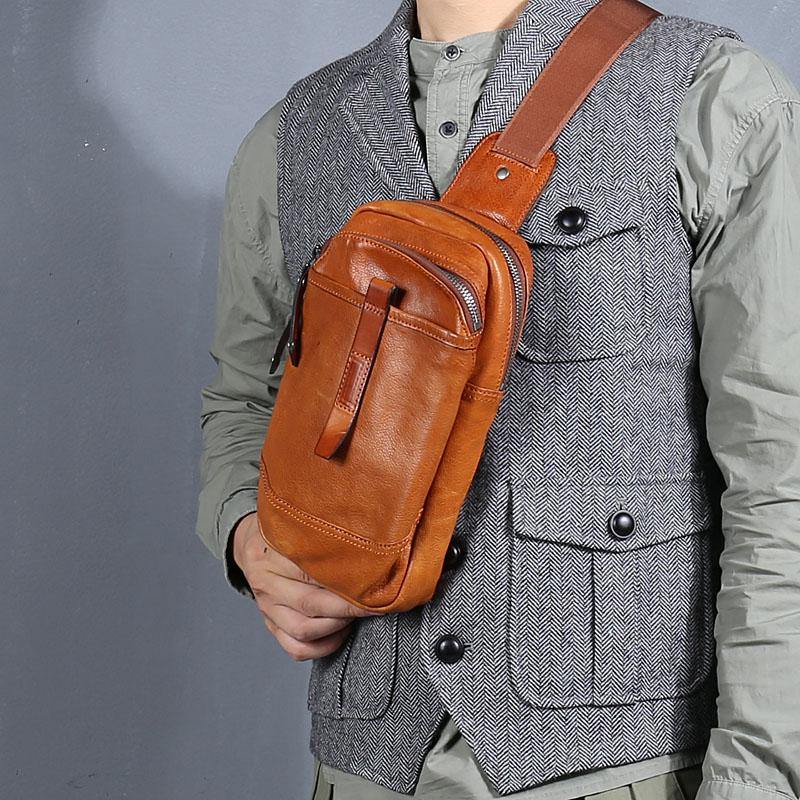 Casual Tan Leather Mens Chest Bag Sling Bag Coffee Crossbody Pack One Shoulder Backpack for Men - iwalletsmen