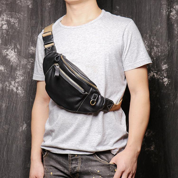 Best Black Leather Fanny Pack Men's Black Chest Bag Best Hip Bag Waist Bag For Men - iwalletsmen