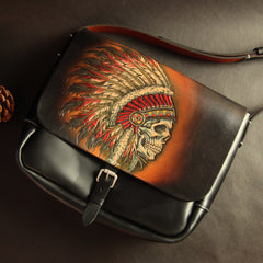 Handmade Black Tooled Chinese Lion Leather Courier Bag Messenger Bag For Men - iwalletsmen