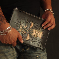 Cool Handmade Tooled Leather Tan Floral Clutch Wallet Wristlet Bag Clutch Purse For Men - iwalletsmen