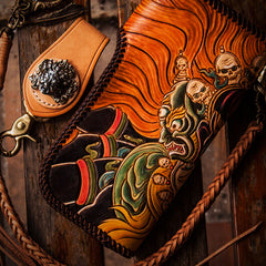 Handmade Leather Tooled Mahākāla Mens Chain Biker Wallet Cool Leather Wallet Long Clutch Wallets for Men