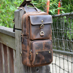 Brown Leather Men's Sling Bag Brown Sling Pack Chest Bags One Shoulder Backpack For Men - iwalletsmen