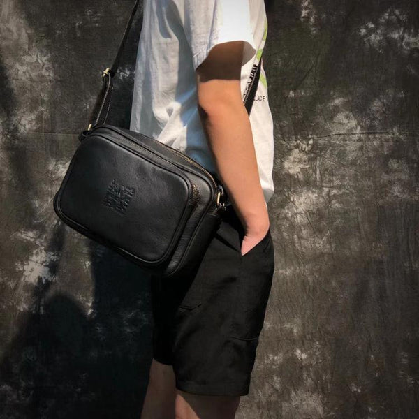 Black Fashion Leather Mens 10 inches Small Courier Bag Black Postman Bags Side Bag Messenger Bag For Men - iwalletsmen