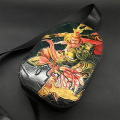 Black Handmade Tooled Leather Sling Bag Chest Bag Wolf One Shoulder Backpack For Men - iwalletsmen