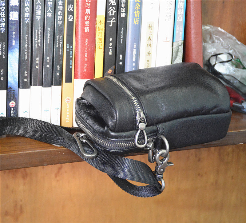 Black LEATHER MEN'S Small Belt Pouch Mini Side bag Vertical Phone Bag –  iwalletsmen