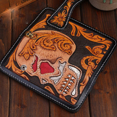 Handmade Leather Skull Mens Chain Biker Wallet Cool Leather Wallet Long Tooled Wallets for Men