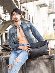 Black Casual Leather Mens 10 inches Side Bag Postman Bag Black Messenger Bags Courier Bag for Men - iwalletsmen