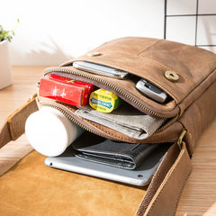 Camel Leather Mens Vertical Mini Side Bag Small Messenger Bags Courier Bag for Men - iwalletsmen