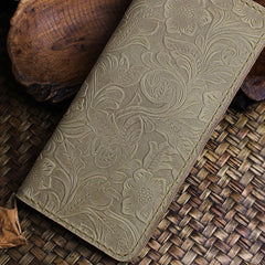 Handmade Leather Floral Mens Cool Travel Long Wallet Card Holder Card Slim Clutch Wallets for Men