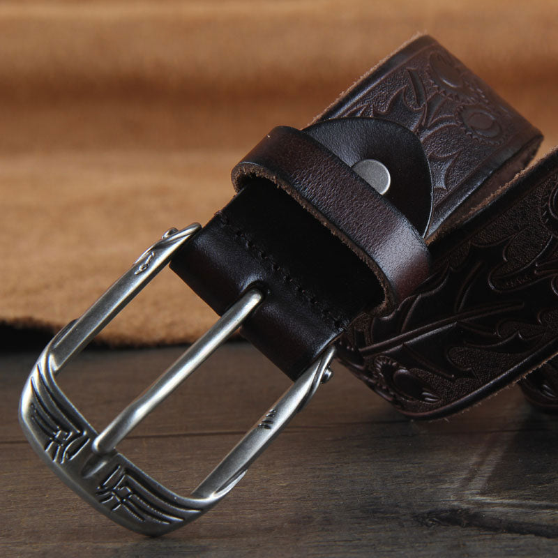 Genuine Leather Punk Rock Biker Tooled Floral Trucker Mens Belt