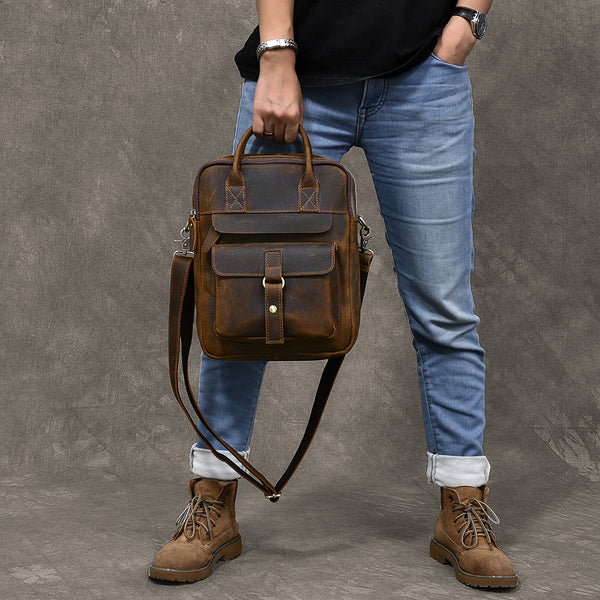 Vintage Leather Mens 10'' Vertical Brown Briefcase Handbag Bag Shoulder Bag Side Bag For Men - iwalletsmen