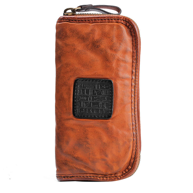 Handmade Leather Mens Cool Black Long Leather Wallet Brown Zipper Clutch Wallet Phone Bag for Men - iwalletsmen