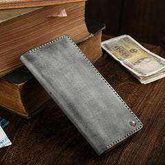 Simple Handmade Mens Brown Slim Long Wallet Blue Bifold Slim Card Wallet Clutch Wallet For Men - iwalletsmen