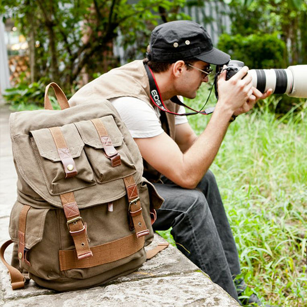Khaki CANVAS WATERPROOF MENS 16'' CAMERA BACKPACK Army Green LARGE NIKON CAMERA BAG DSLR CAMERA BAG FOR MEN - iwalletsmen