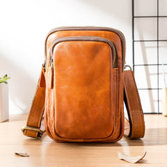 Black Leather Mens Mini Messenger Bag Belt Pouch Tan Side Bag Phone Bag Belt Bag For Men - iwalletsmen