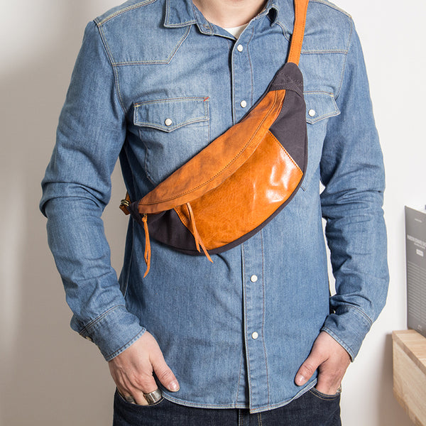 Canvas Leather Mens Sling Bag Dark Gray Chest Bag One Shoulder Backpack for Men - iwalletsmen