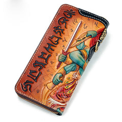 Handmade Leather Tooled Ucchusma Mens Chain Biker Wallet Cool Leather Wallet Zipper Long Phone Wallets for Men