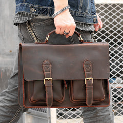 Vintage Dark Brown Mens Leather Briefcase Work Handbag Dark Coffee 14'' Computer Briefcase For Men - iwalletsmen