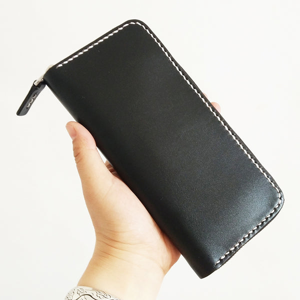 Black Handmade Vintage Mens Yellow-Brown Bifold Zipper Leather Long Wallet Cool Long Wallet for Men - iwalletsmen