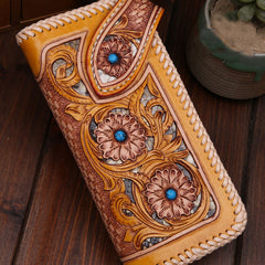 Handmade Mens Cool Tooled Floral Leather Chain Wallet Biker Trucker Wallet with Chain