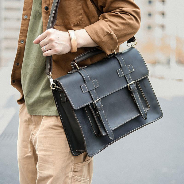 Vintage Black Mens Leather Briefcases Work Handbags Brown 14'' Computer Briefcase For Men - iwalletsmen