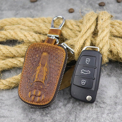 Brown Leather Men's Car Key and Oval Wallet Zipper Car Key Case Car Holder For Men - iwalletsmen
