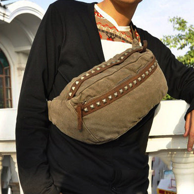 Canvas Mens Chest Bag Khaki Waist Bags Hip Bag Black Canvas Fanny Pack For Men - iwalletsmen